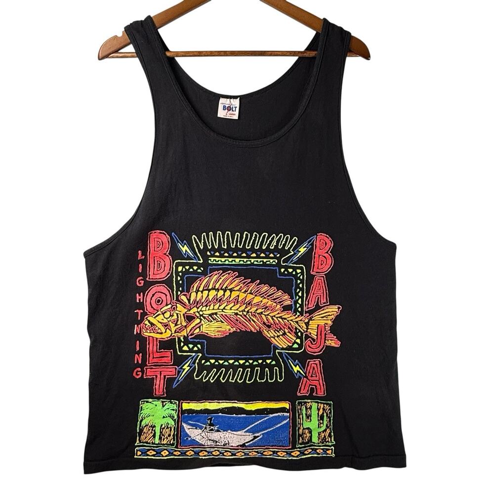 VTG Lightning Bolt Baja Neon Fish T Shirt Tank Mens SIZE LARGE Single Black Surf